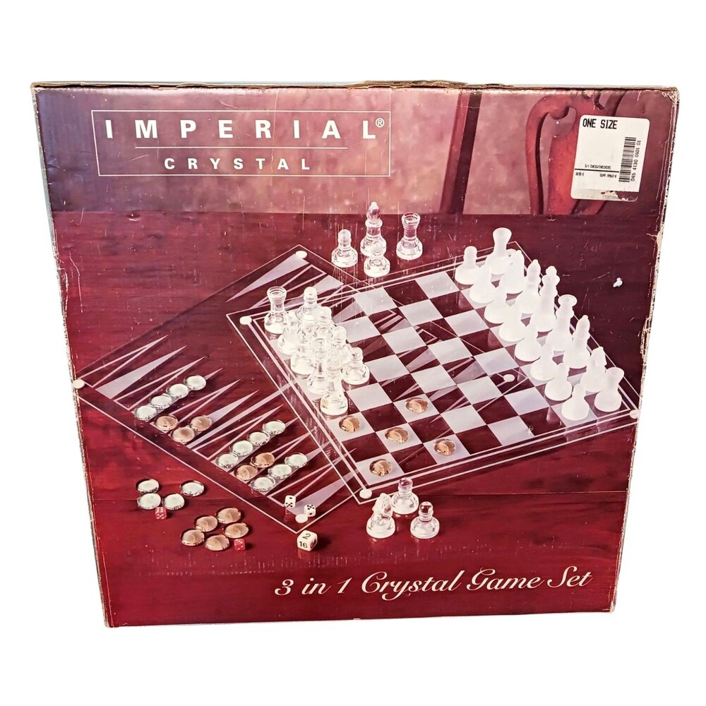 NEW Imperial Crystal Glass 3 in 1 Game Set Chess Checkers & Backgammon Complete